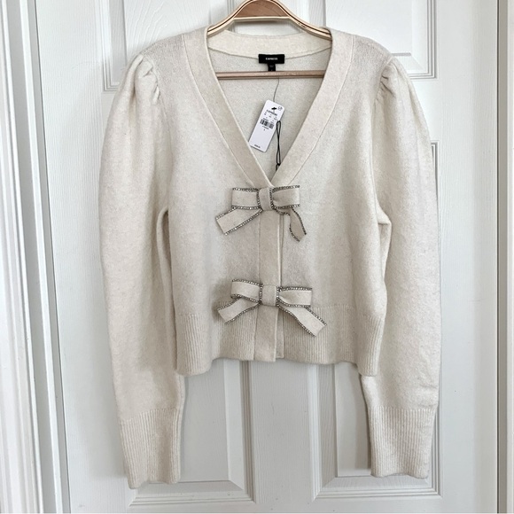 [⭐️ PRICE FIRM] EXPRESS Bow V-Neck Puff Shoulder Cardigan Sweater Ivory White L - Picture 7 of 12